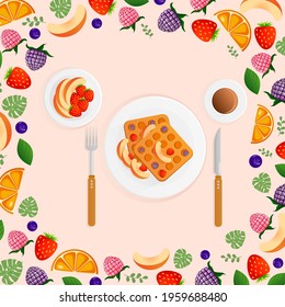 Vector illustration of breakfast with coffee waffles and berries on a pink background. Belgian waffles for postcard, background. Collection of cartoon. Sweet dessert elements. Tasty breakfast.