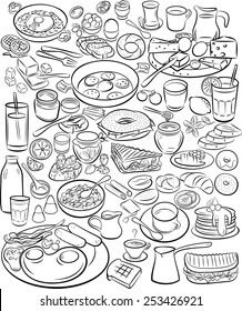 Vector illustration of breakfast collection in line art mode