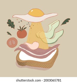 Vector illustration. Breakfast consisting of toast with bacon, vegetables, avocado, tomatoes and egg