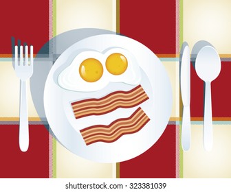 Vector illustration of breakfast containing two eggs, and bacon. Every group of objects on separate layer. Easy to edit.