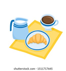 Vector illustration of breakfast with croissant, coffee and milk isolated on white. Color vector illustration of bakery goods for poster label and menu bakery.