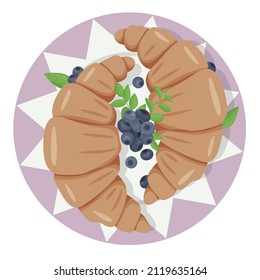 Vector illustration of breakfast. Croissants and blueberries on a plate. Top view.
