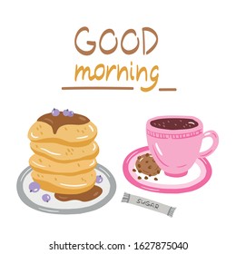 Vector illustration of breakfast. Cup of coffee, cookies and pancakes. Cartoon  style illustration. 