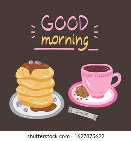 Vector illustration of breakfast. Cup of coffee, cookies and pancakes. Cartoon  style illustration. 