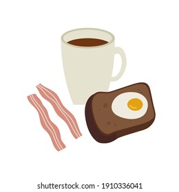 Vector illustration of breakfast. Cup with coffee, toast with egg and fried bacon. Hand-drawn illustration in flat style, isolated on white. Suitable for illustration healthy breakfast.