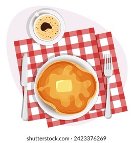 Vector illustration of a breakfast cup with hot coffee and pancake with melted butter on a red checkered tablecloth. Breakfast image, kitchen utensils.
