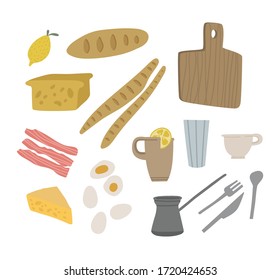 Vector illustration of breakfast with different foods, vegetables and kitchen supplies, in natural colours.