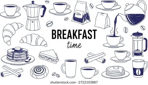 Ilustración vectorial de garabatos de desayuno con café, pasteles y alimentos de la mañanaIlustración vectorial de garabatos de desayuno con café, pasteles y alimentos de la mañana