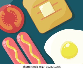 Vector illustration. Breakfast. Egg, sausage with mustard, bread and butter