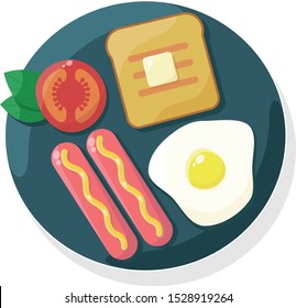 Vector illustration. Breakfast. Egg, sausage with mustard, bread and butter