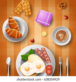 Vector illustration of Breakfast with eggs, bacon, bread, croissant and a cup of coffee
