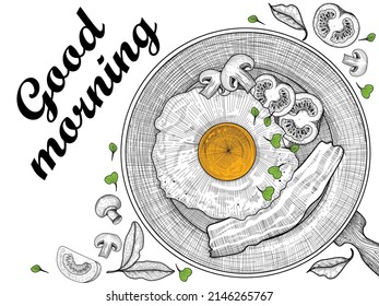 Vektorgrafik des Frühstücks im Gravierstil. Grafische lineare Bratpfanne mit gebratenen Eiern mit Speck, Champignons, Tomaten und Kräuter