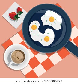 Vector illustration of breakfast, food, fried eggs, coffee, strawberries