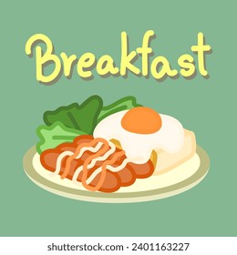 Vector illustration of breakfast food. Hand draw font, bread, egg, sausage, vegetable salad, yellow plate on the green background.
