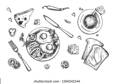 Vektorillustration eines Frühstücksbüffets. Frittiertes Ei, Omelette, Speck, Cracker, Toast mit Butter, Kaffeetasse, Tomaten.Gabel und Messer. Vintage handgezeichnet Stil.