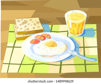 Vector illustration  breakfast, fried eggs with tomatoes and orange juice