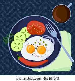 Vector illustration with breakfast: fried eggs, cucumber, tomato, onion, pepper, fennel, cup of tea or coffee, fork,napkin. Spotted background. Seen from above.