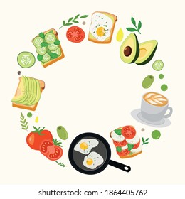Ilustración vectorial con ideas de desayuno, tostada aguacate, huevo frito, café y verduras en forma de círculo sobre fondo blanco.