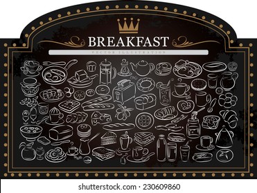vector illustration breakfast items blackboard