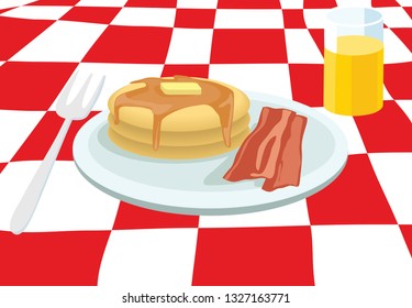 Vector illustration breakfast made of pancakes with hot maple syrup and butter  bacon and orange juice on plate with fork and shadow isolated on red and white square background table like in picnic