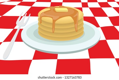 Vector illustration breakfast made of pancakes with hot maple syrup and butter on the top on white plate with shadow isolated on red and white square background table like in picnic