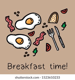 Vector Illustration with breakfast meal: fried eggs, bread, bacon, vegetables, spices and cutlery