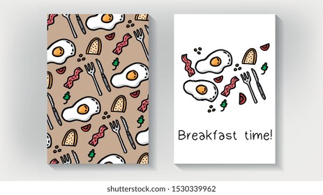 Vector Illustration with breakfast meal: fried eggs, bread, bacon, vegetables, spices and cutlery