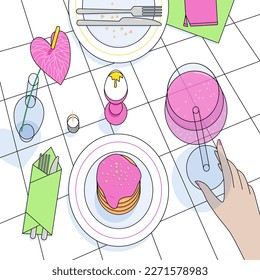 Vector illustration with breakfast meal in restaurant for social media and instagram post, banner template, top view
