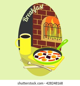 Vector illustration. Breakfast. Omelet, bacon, cup of coffee, fireplace.