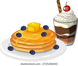 Ilustração vetorial de panquecas de café da manhã com xarope e um milkshake de chocolate com chantilly