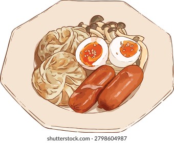 Vector illustration of a breakfast plate with dim sum xiaolongbao dumplings, sausages, boiled eggs, and shimeji mushrooms.