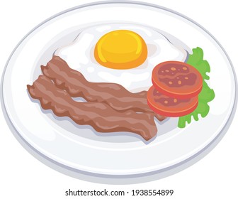 Vector Illustration of Breakfast Plate Egg, Bacon, Tomatoes