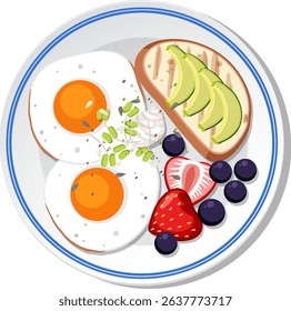 Vector illustration of a breakfast plate with eggs, avocado toast, and fresh fruits. Bright colors and clean composition