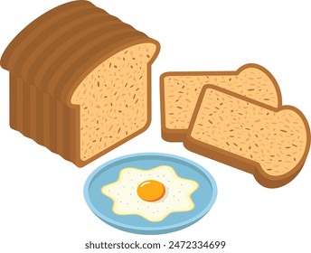 A vector illustration of a breakfast plate with two slices of toast, bread and a fried egg.