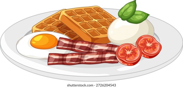 Vektorgrafik eines Frühstücksteller mit Waffeln, Spiegelei, Speck und frischen Tomaten