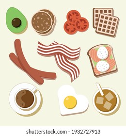Vector illustration. Breakfast set. Cartoon dishes. Pancakes, waffles, sausages, bacon, sandwich, scrambled eggs