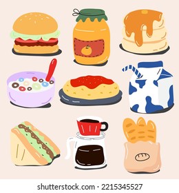 Vector illustration of a breakfast set. Hand drawn. Breakfast such as pancakes, eggs, coffee. Isolated background.