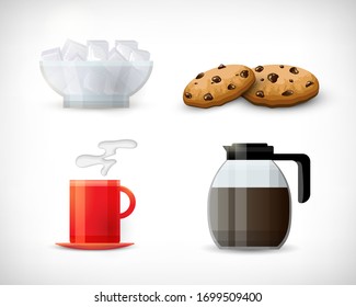 Vector illustration. Breakfast set of kitchen utensil. Coffee Cup, Coffee Pot or Teapot, Sugar Bowl, Traditional Chocolate Chip Cookies. Collection of design elements in flat style.