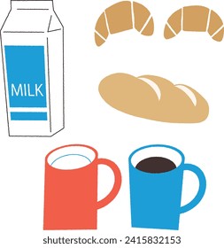 Vector illustration of breakfast set, milk, croissant, baguette and coffee cup.
