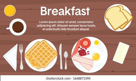 Vector Illustration of a Breakfast Table, with different breakfast items