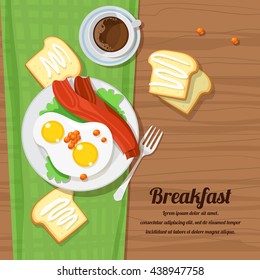 vector illustration of breakfast table with scrambled eggs, bacon, toast and fresh vegetables