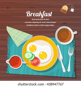 vector illustration of breakfast table with scrambled eggs, toast and fresh vegetables