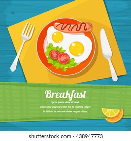 vector illustration of breakfast table with scrambled eggs, toast and fresh vegetables