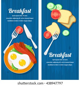 vector illustration of breakfast table with scrambled eggs, bacon, toast and fresh vegetables