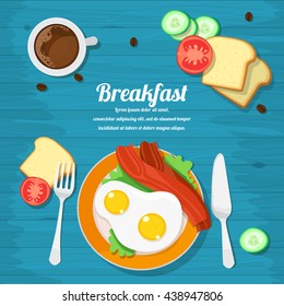 vector illustration of breakfast table with scrambled eggs, bacon, toast and fresh vegetables
