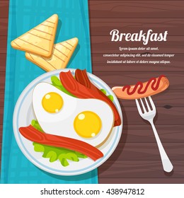 vector illustration of breakfast table with scrambled eggs, bacon, toast and fresh vegetables