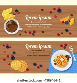 vector illustration of breakfast table with waffles, tea and fresh berries