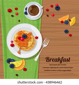 vector illustration of breakfast table with waffles, tea and fresh berries