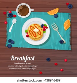 Vector Illustration Of Breakfast Table With Waffles, Tea And Fresh Berries