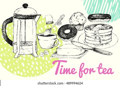 Vector illustration of breakfast. Tea, pancakes, pastries, butter on the table. The poster for cafes, restaurants, brochures, menus, grocery stores. The inscription "Time for Tea"